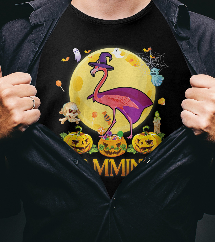 Glammingo Witch Flamingo Halloween Pumpkin Moon Ghosts Skulls Candy T-Shirt
