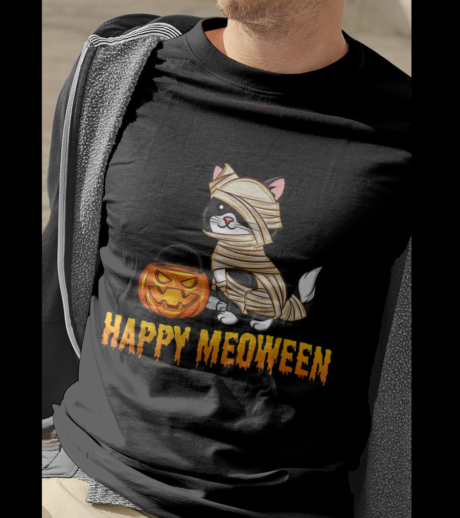 Happy Meoween Cute Cat Mummy With Pumpkin T-Shirt