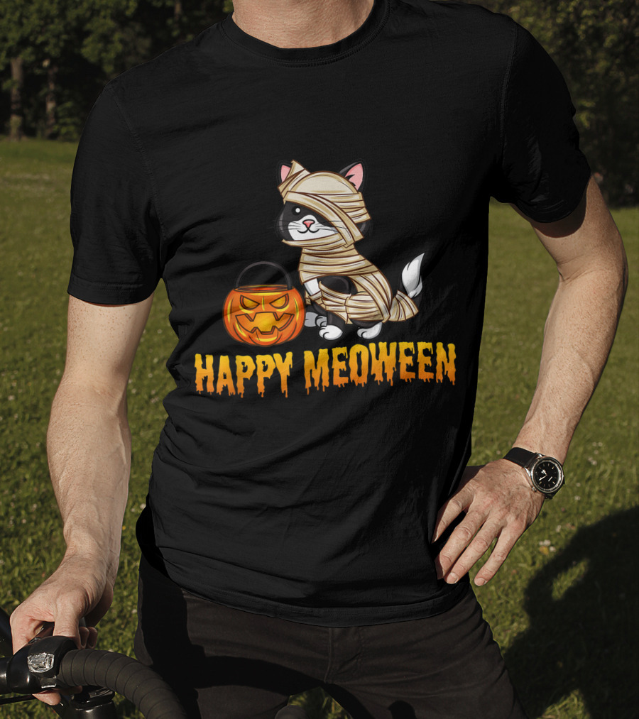 Happy Meoween Cute Cat Mummy With Pumpkin T-Shirt