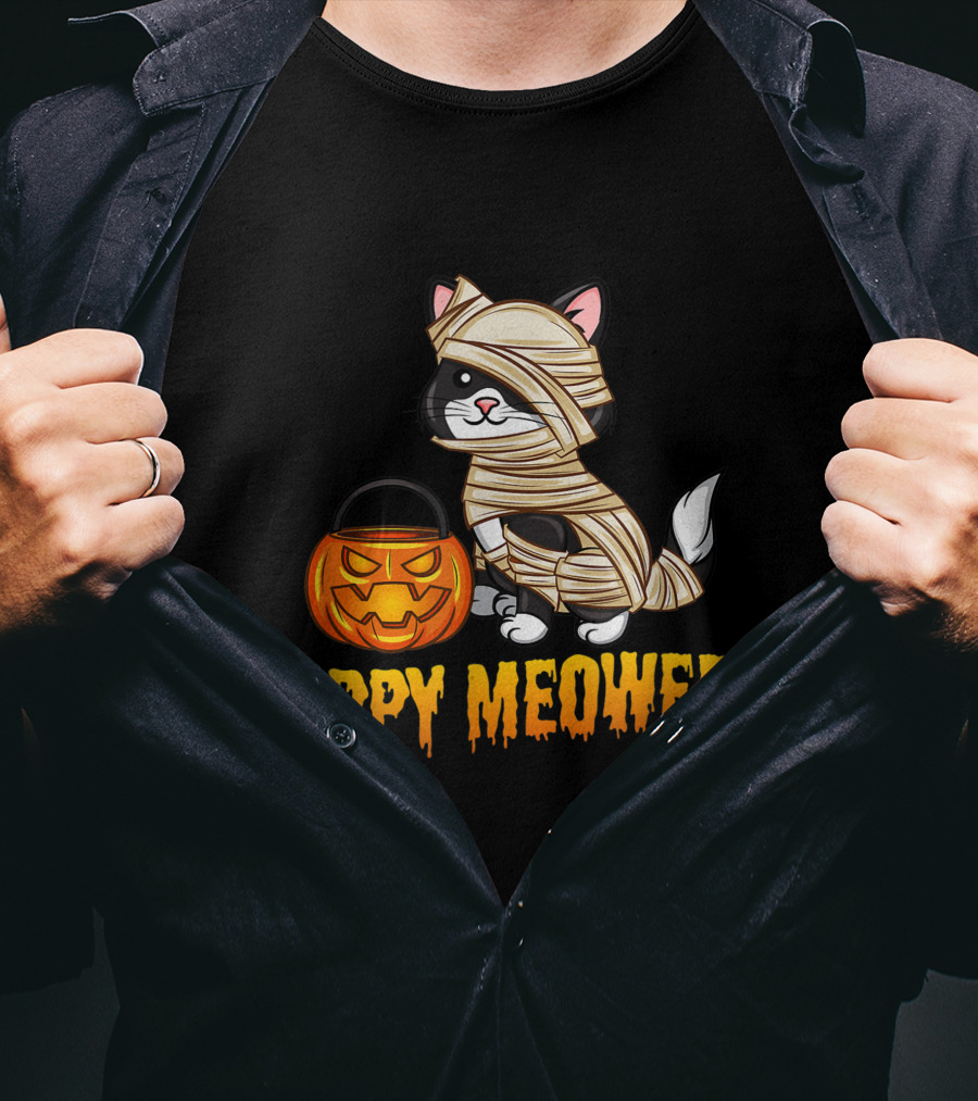 Happy Meoween Cute Cat Mummy With Pumpkin T-Shirt