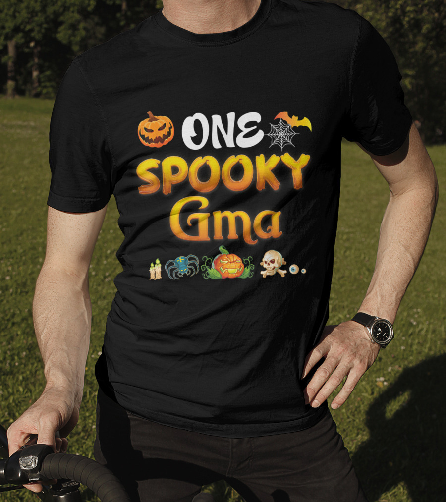 ONE Spooky Gma Scary Pumpkin Spider Web Bat Skull Candles T-Shirt