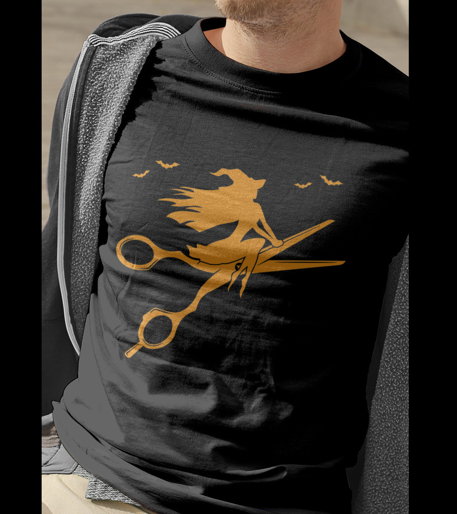 Witch On Scissors Broom With Bats Hair Stylist T-Shirt