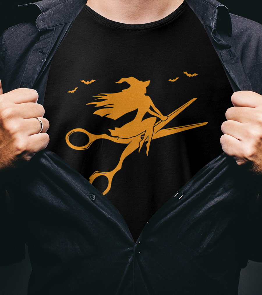 Witch On Scissors Broom With Bats Hair Stylist T-Shirt