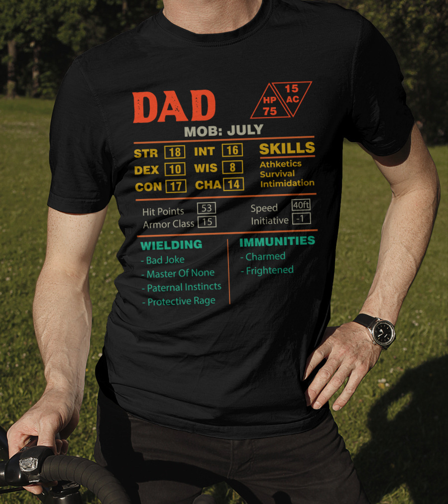 Dad Stats Character Sheet MOB July STR DEX CON INT WIS CHA Skills Hit Points Armor Class Wielding Immunities T-Shirt