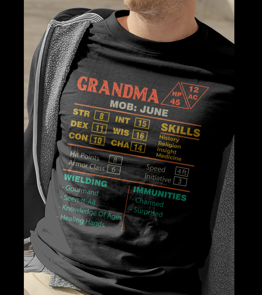 Grandma Stats Character Sheet MOB June Skills HP Wielding Immunities T-Shirt