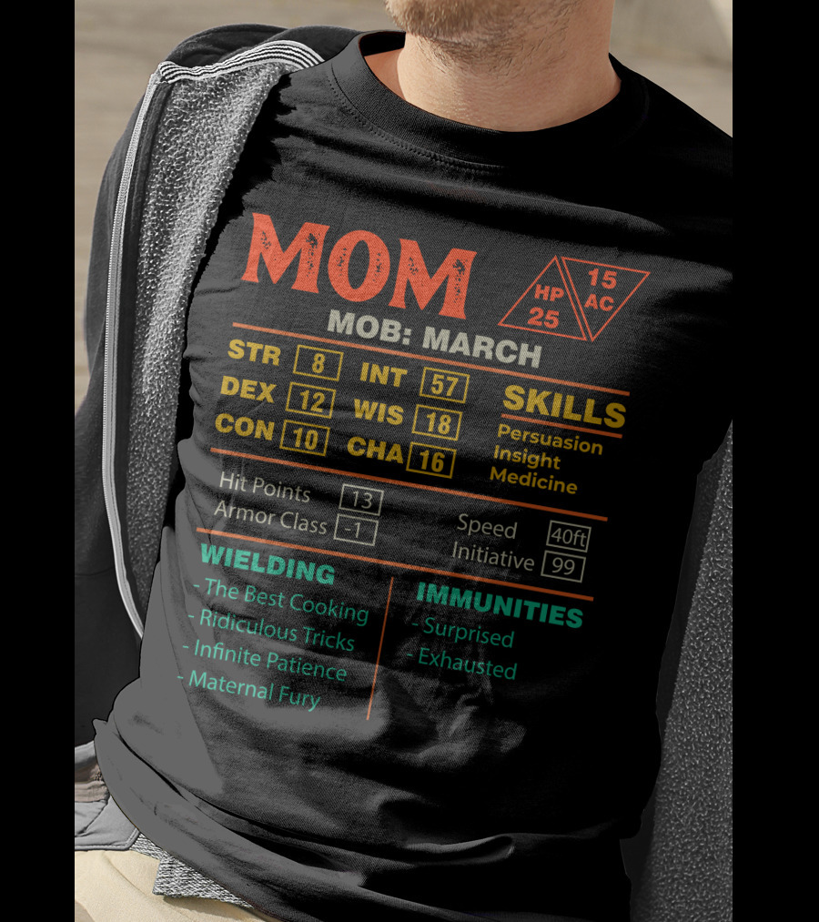 MOM Mob March Stats Skills Persuasion Insight Medicine Wielding Cooking Patience T-Shirt