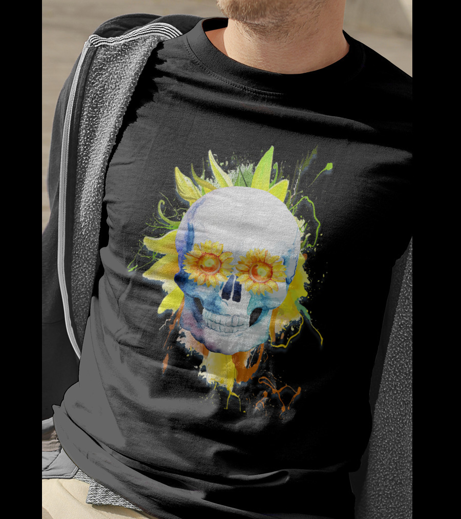Dia De Los Muertos Halloween Sunflower Skull With Colorful Explosion Background T-Shirt