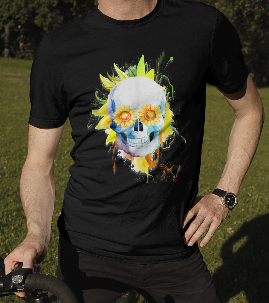 Dia De Los Muertos Halloween Sunflower Skull With Colorful Explosion Background T-Shirt