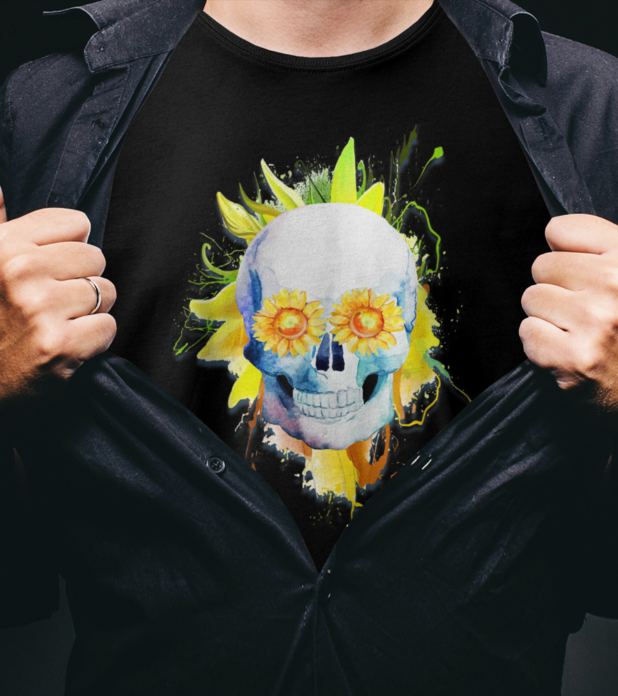 Dia De Los Muertos Halloween Sunflower Skull With Colorful Explosion Background T-Shirt