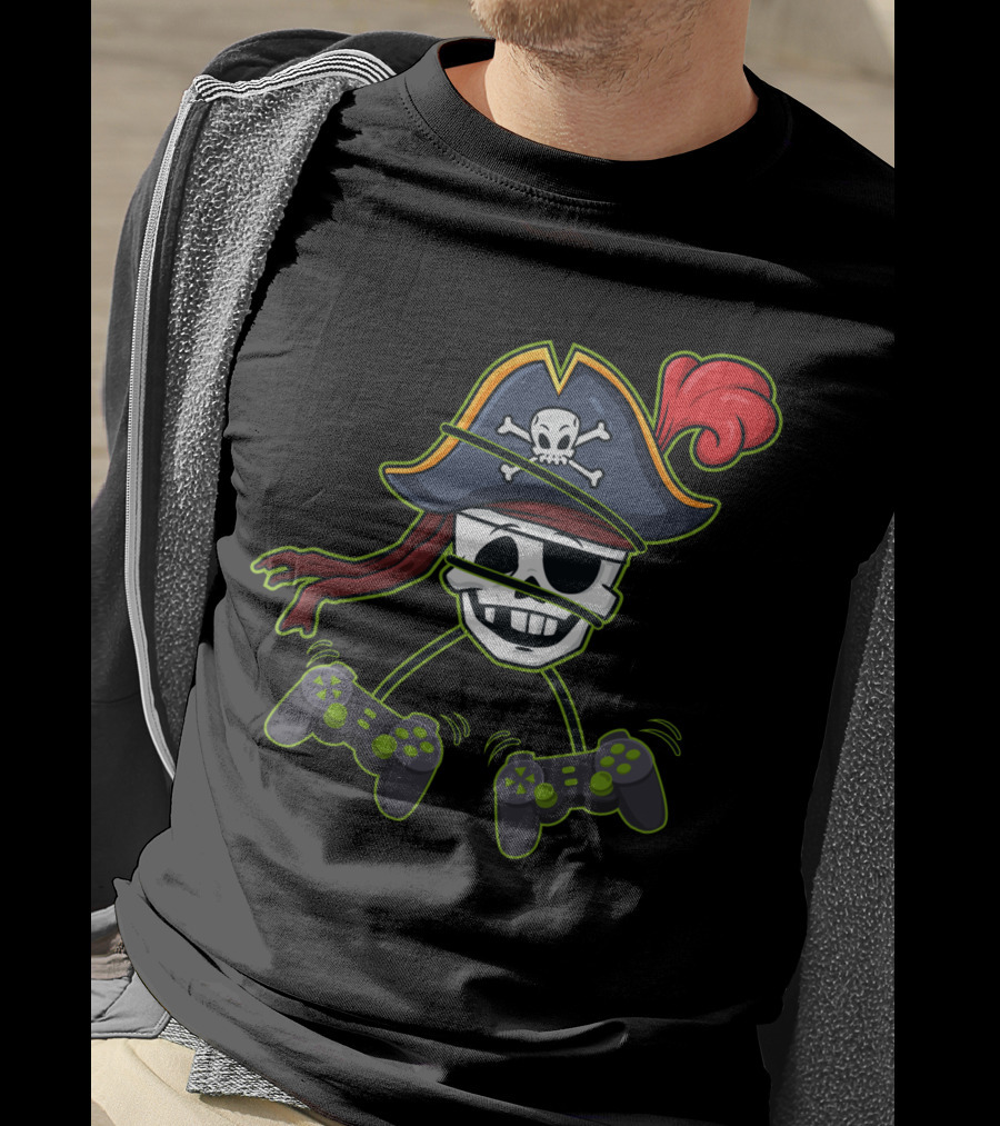 Halloween Pirate Skeleton Video Gamer Controllers Playful Skull Hat T-Shirt