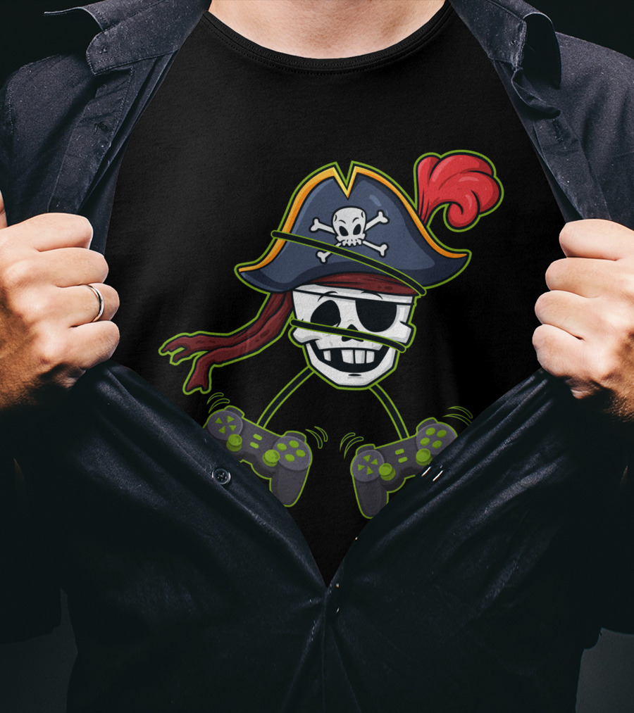 Halloween Pirate Skeleton Video Gamer Controllers Playful Skull Hat T-Shirt