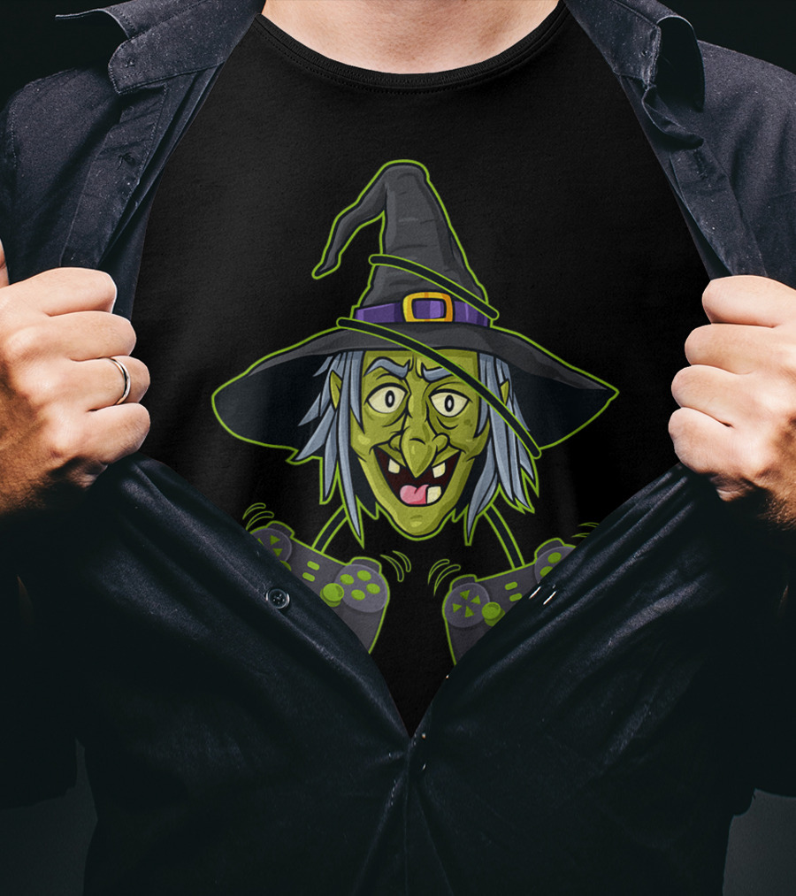 Halloween Witch Video Gamer Controllers Gaming Wizard T-Shirt