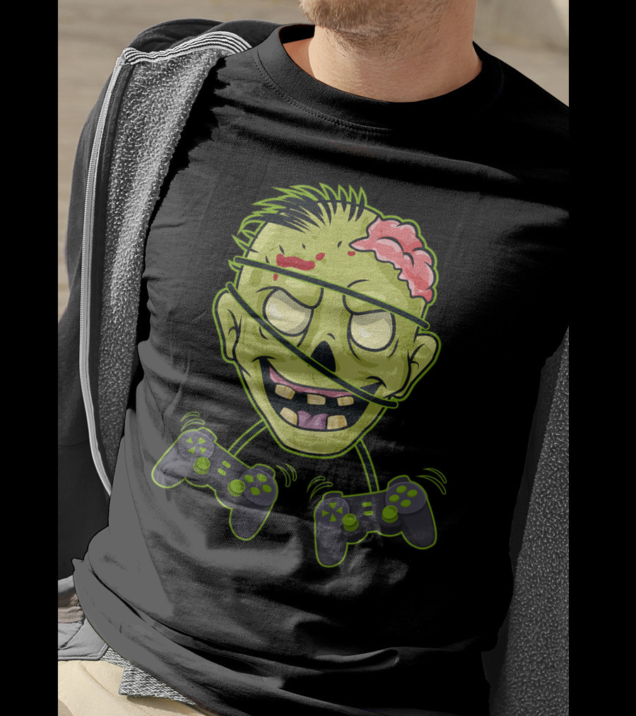 Halloween Zombie Gamer Controller Head With Split Expression T-Shirt