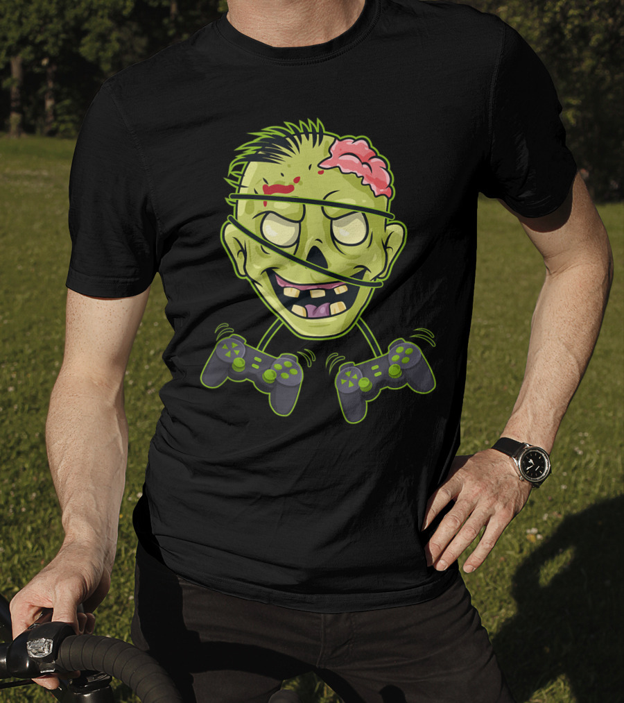 Halloween Zombie Gamer Controller Head With Split Expression T-Shirt