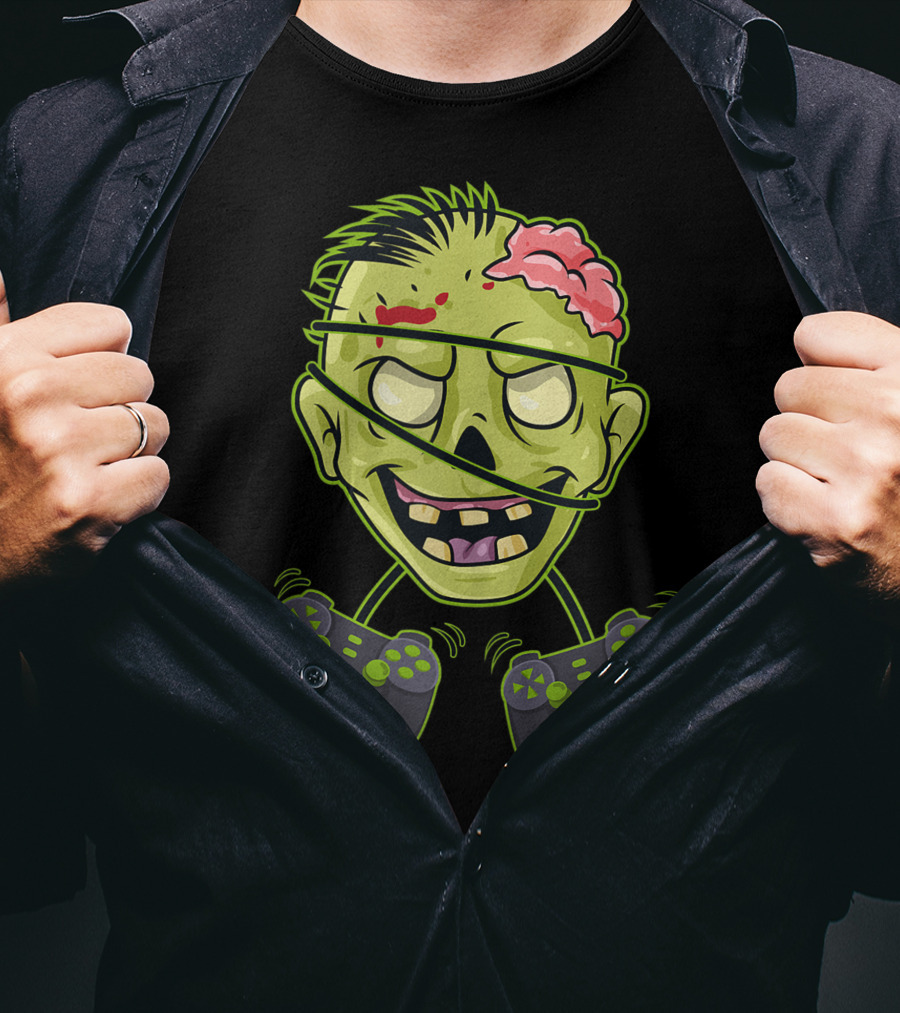 Halloween Zombie Gamer Controller Head With Split Expression T-Shirt