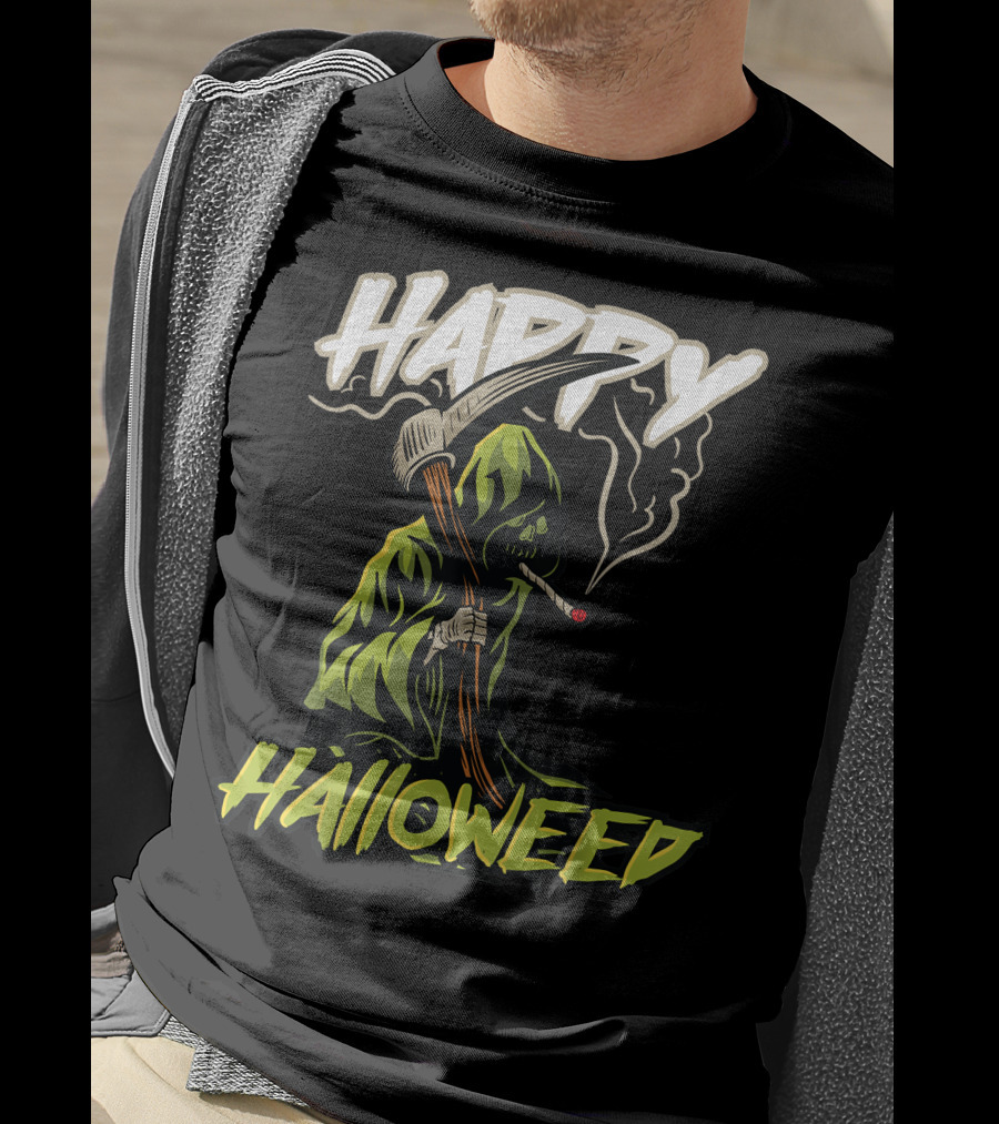 Happy Halloweed Grim Reaper Smoking Weed Cannabis T-Shirt