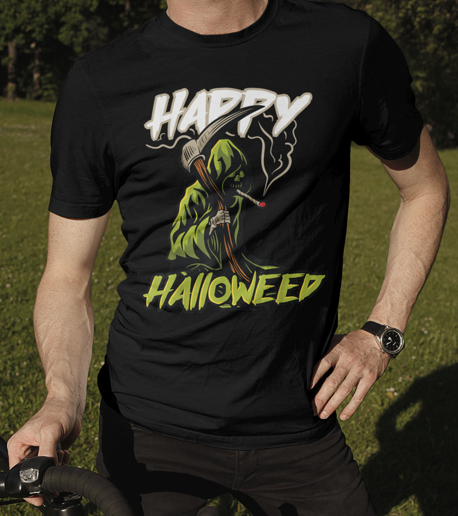 Happy Halloweed Grim Reaper Smoking Weed Cannabis T-Shirt