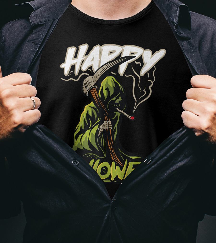 Happy Halloweed Grim Reaper Smoking Weed Cannabis T-Shirt