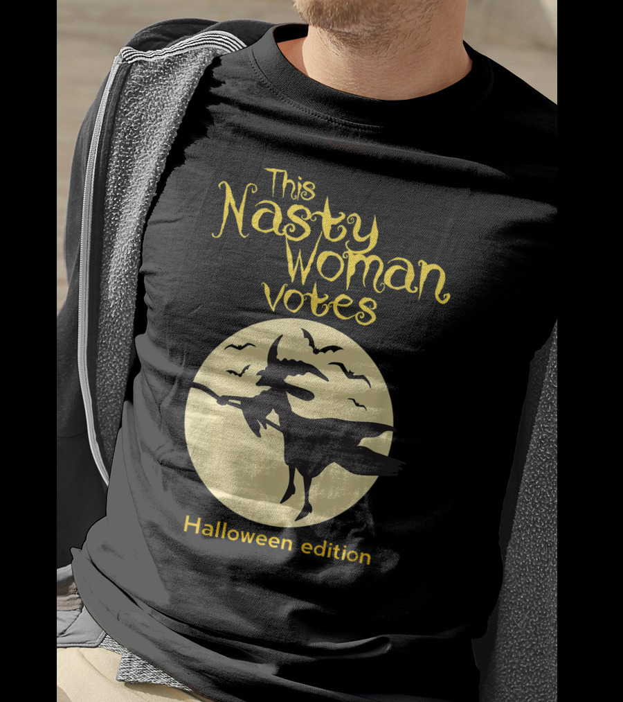 This Nasty Woman Votes Halloween Edition Feminism Witch And Bats Moon T-Shirt
