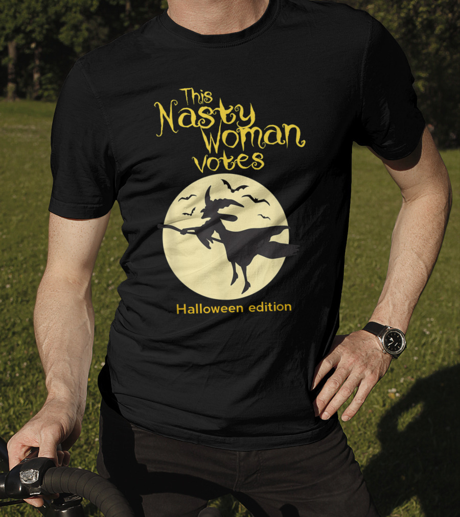 This Nasty Woman Votes Halloween Edition Feminism Witch And Bats Moon T-Shirt