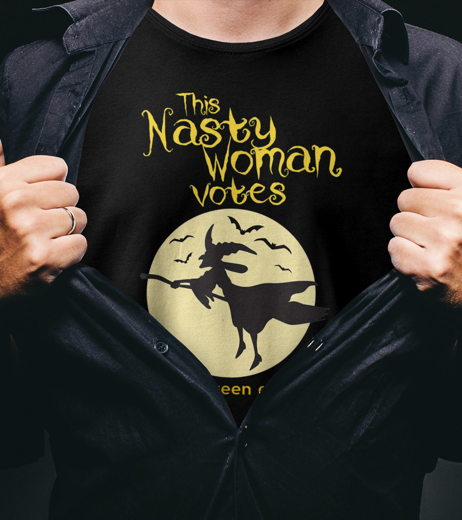 This Nasty Woman Votes Halloween Edition Feminism Witch And Bats Moon T-Shirt