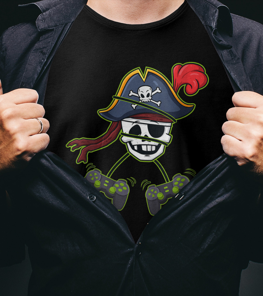 Halloween Pirate Skeleton Gamer With Controller Hat And Crossbones T-Shirt