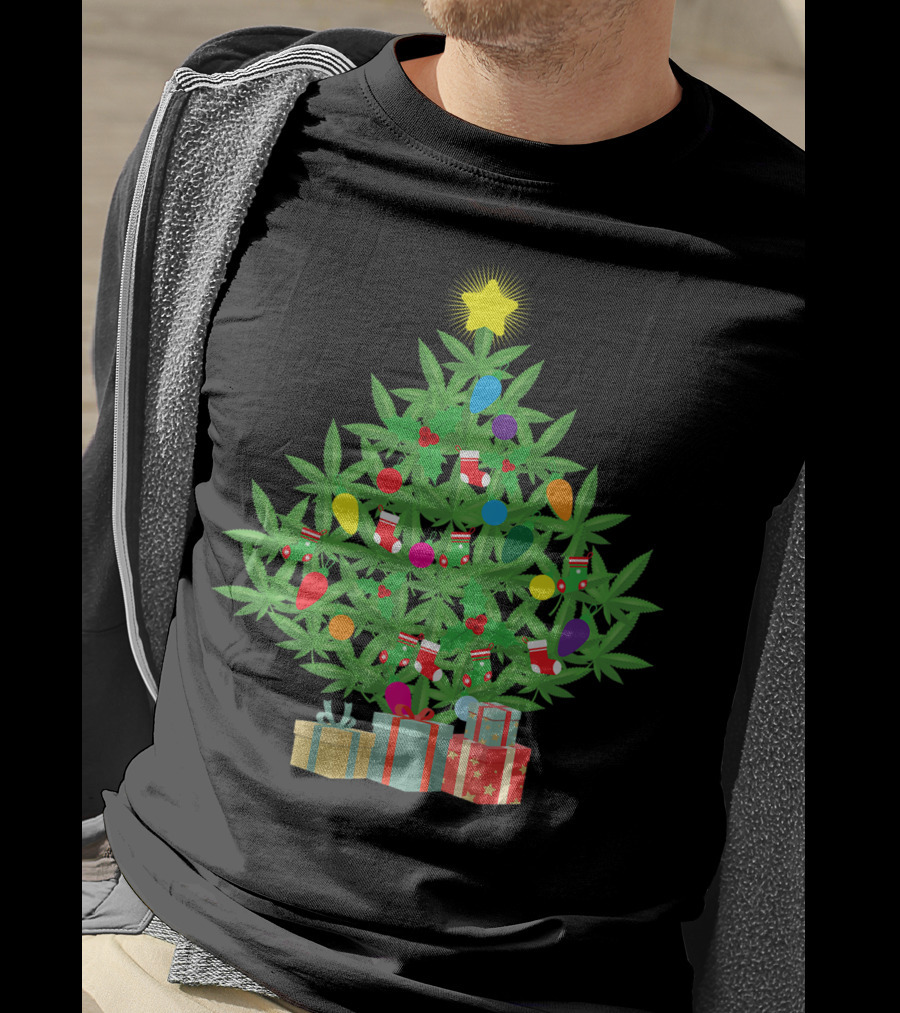 Cannabis Leaf Christmas Tree With Star And Colorful Holiday Lights T-Shirt