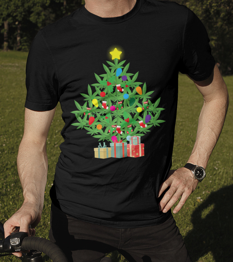 Cannabis Leaf Christmas Tree With Star And Colorful Holiday Lights T-Shirt