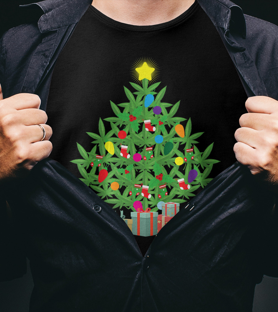 Cannabis Leaf Christmas Tree With Star And Colorful Holiday Lights T-Shirt