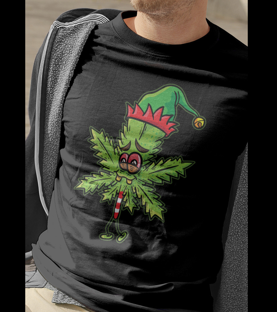 Stoned Elf Cannabis Leaf With Festive Hat Smoking Weed Elves T-Shirt