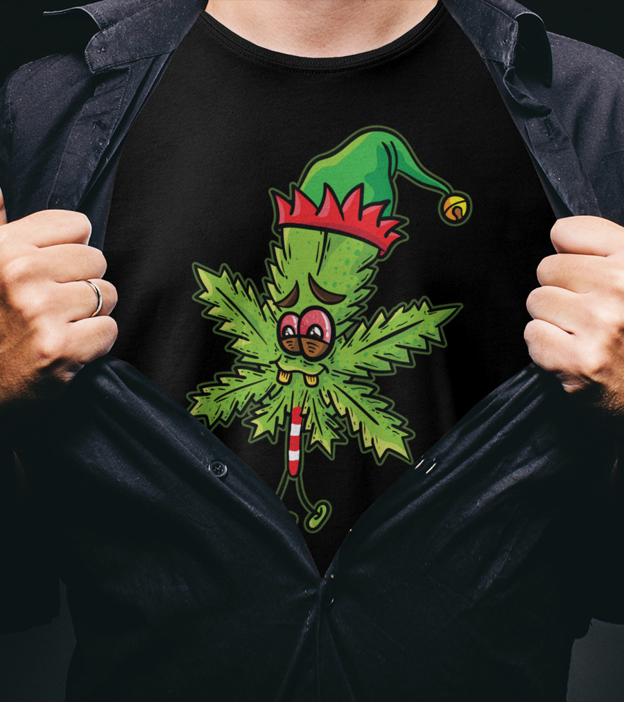 Stoned Elf Cannabis Leaf With Festive Hat Smoking Weed Elves T-Shirt