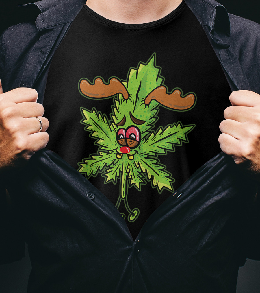 Cannabis Leaf Stoned Reindeer Weed Smoking Rudolph Marijuana Leaf Antlers T-Shirt