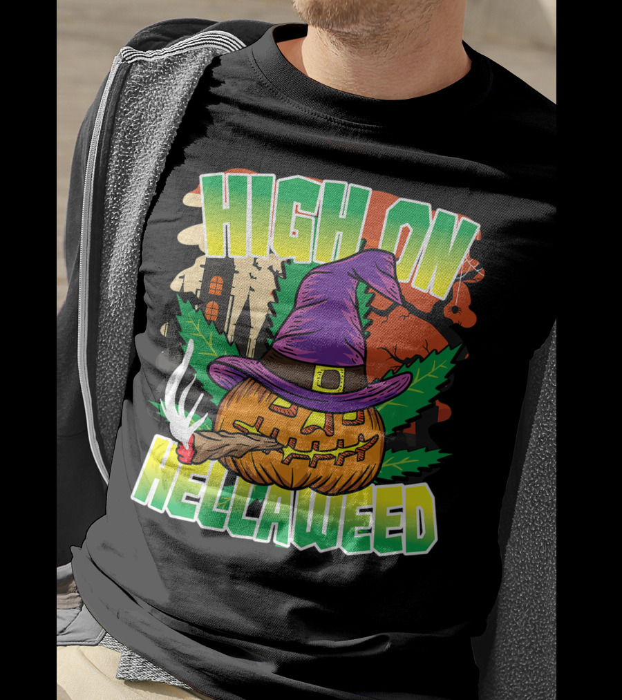High On Hellaweed Pumpkin Smoking Weed THC Halloween Stoner T-Shirt