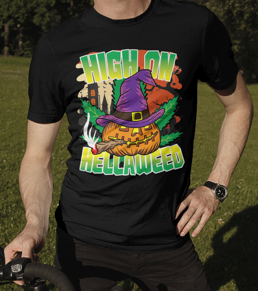 High On Hellaweed Pumpkin Smoking Weed THC Halloween Stoner T-Shirt