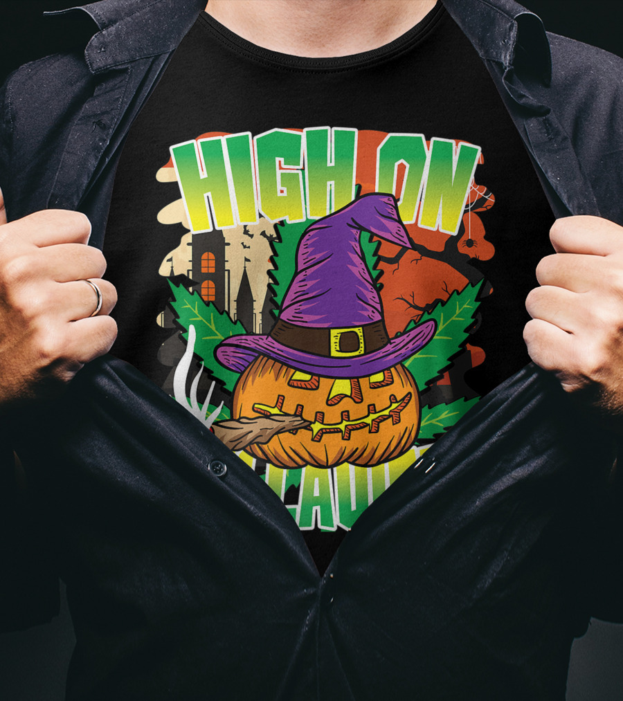 High On Hellaweed Pumpkin Smoking Weed THC Halloween Stoner T-Shirt