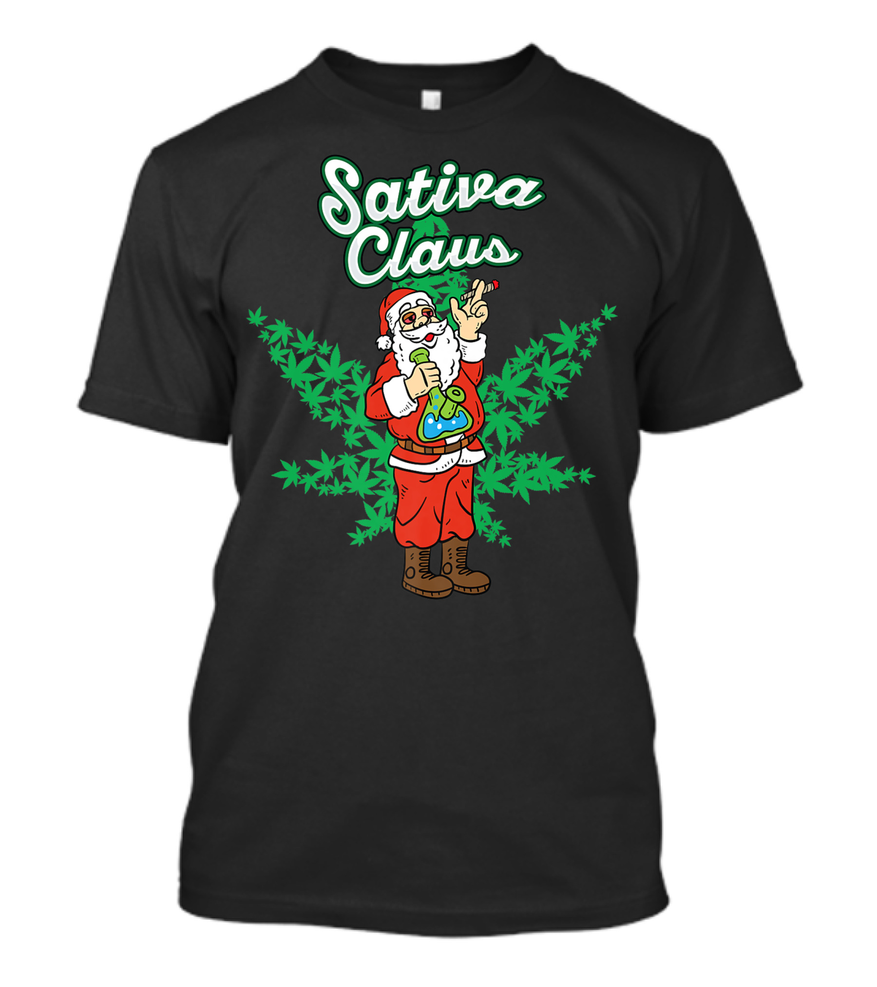 Sativa Claus Cannabis Marijuana Smoking Santa With Weed Leaves T-Shirt