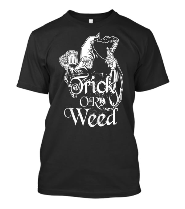 Trick Or Weed Skeleton Grim Reaper Smoking Ganja T-Shirt