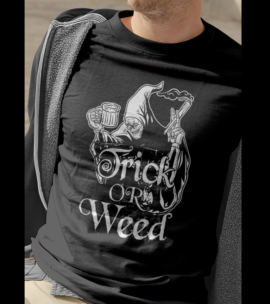 Trick Or Weed Skeleton Grim Reaper Smoking Ganja T-Shirt