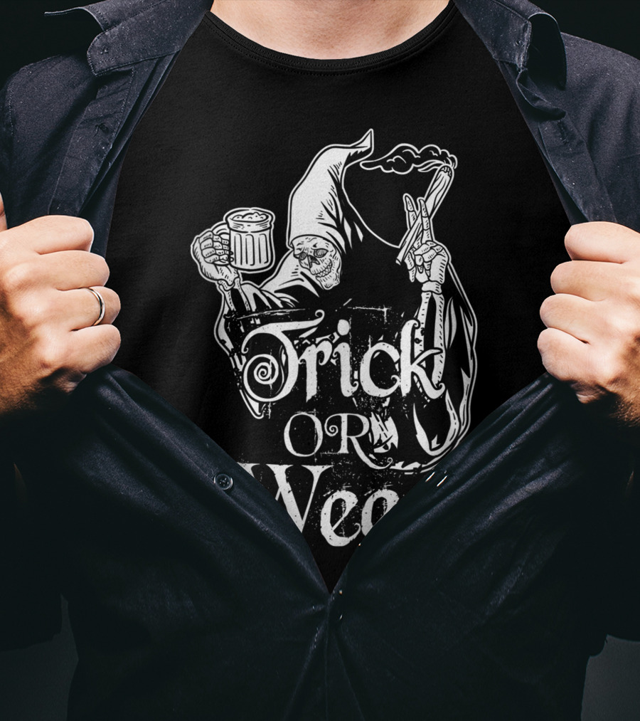 Trick Or Weed Skeleton Grim Reaper Smoking Ganja T-Shirt