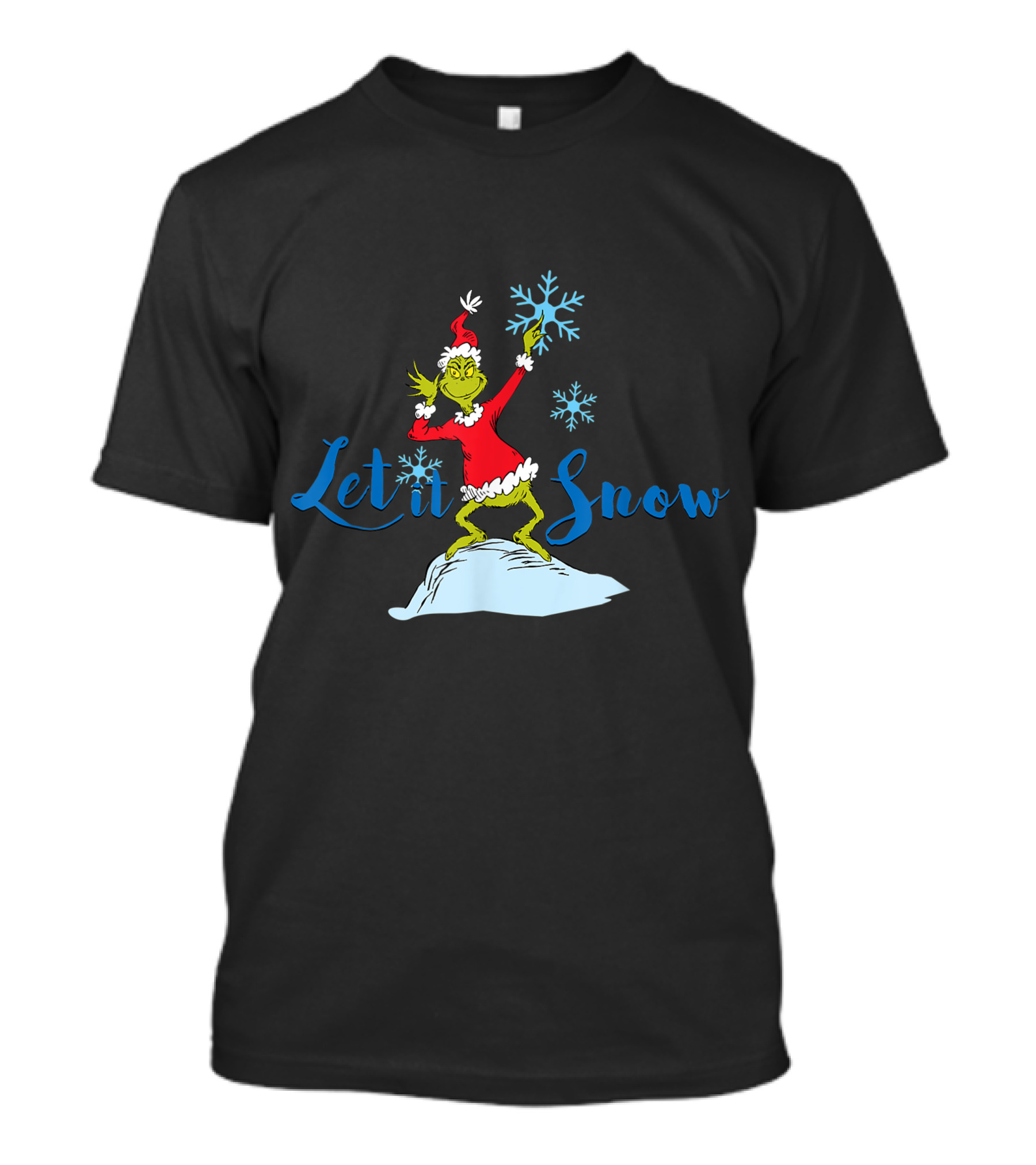 Grinch In Santa Outfit Holding Snowflakes Let It Snow T-Shirt