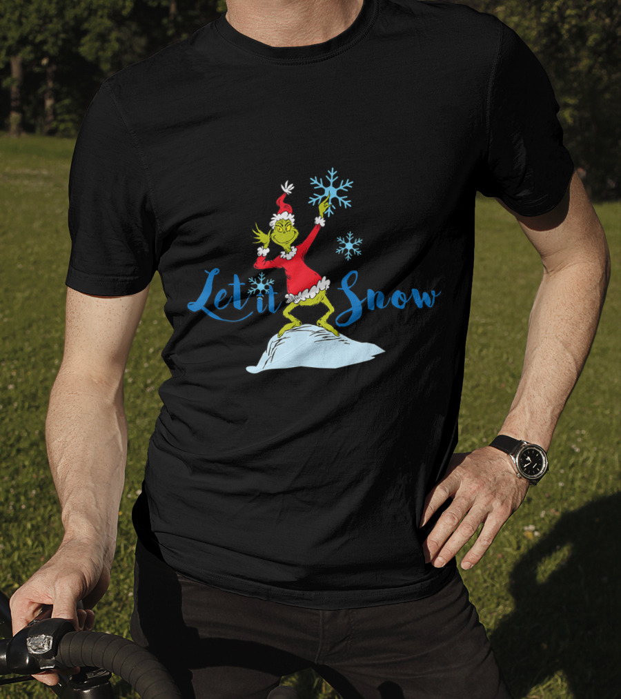 Grinch In Santa Outfit Holding Snowflakes Let It Snow T-Shirt