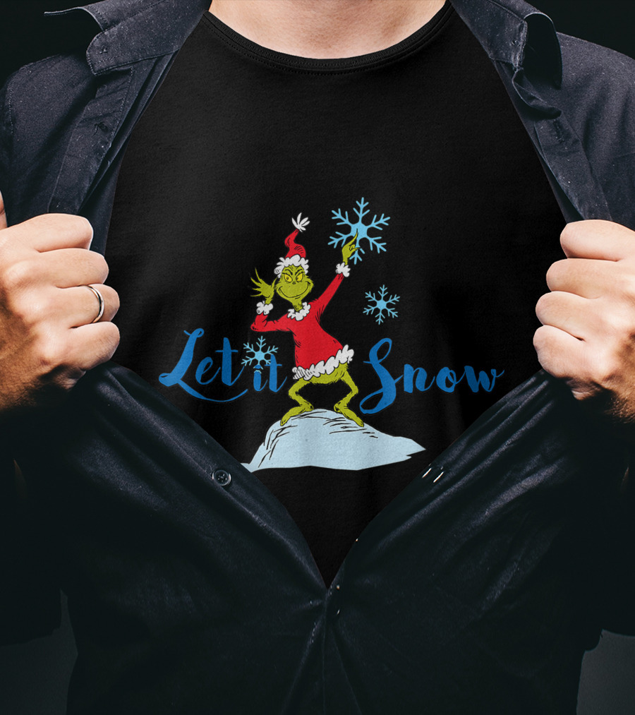 Grinch In Santa Outfit Holding Snowflakes Let It Snow T-Shirt