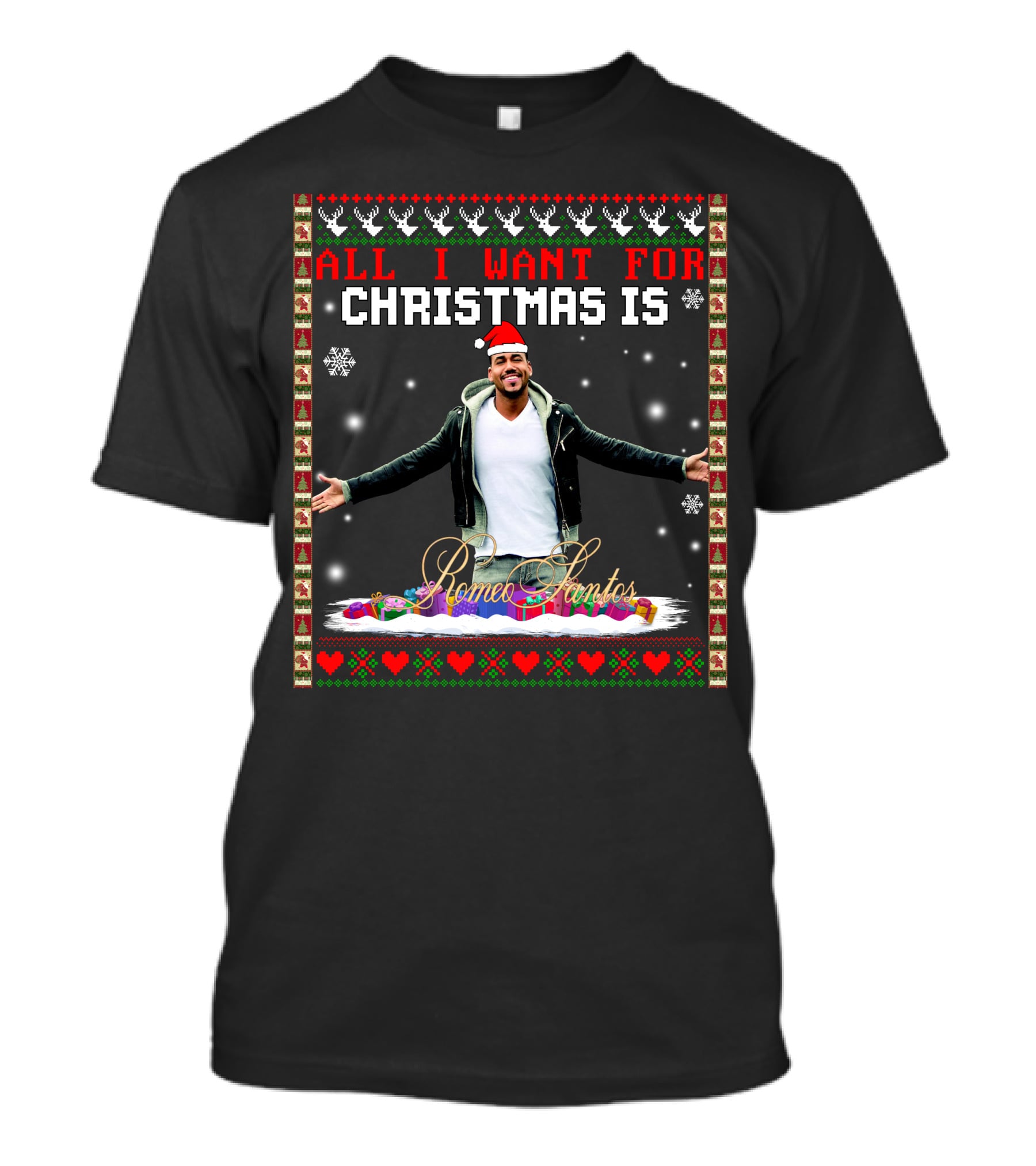 All I Want For Christmas Is Romeo Santos Santa Hat Snowflakes Hearts T-Shirt