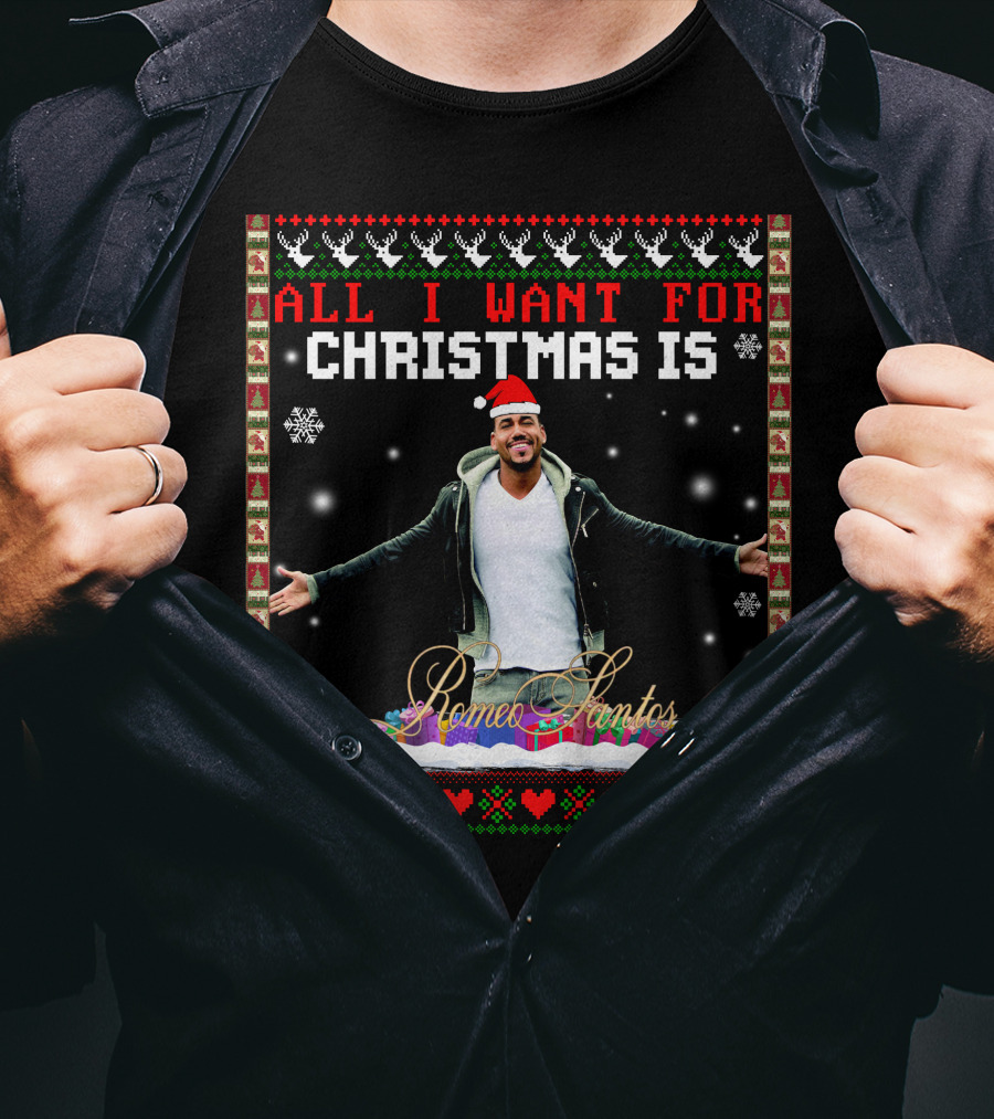 All I Want For Christmas Is Romeo Santos Santa Hat Snowflakes Hearts T-Shirt