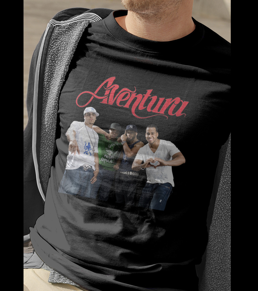 Aventura Band Red Script Logo Casual Group Photo T-Shirt