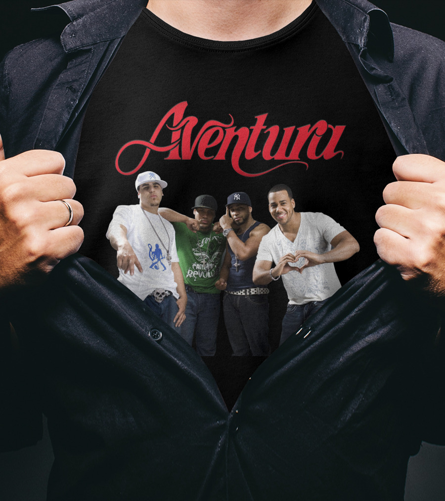 Aventura Band Red Script Logo Casual Group Photo T-Shirt