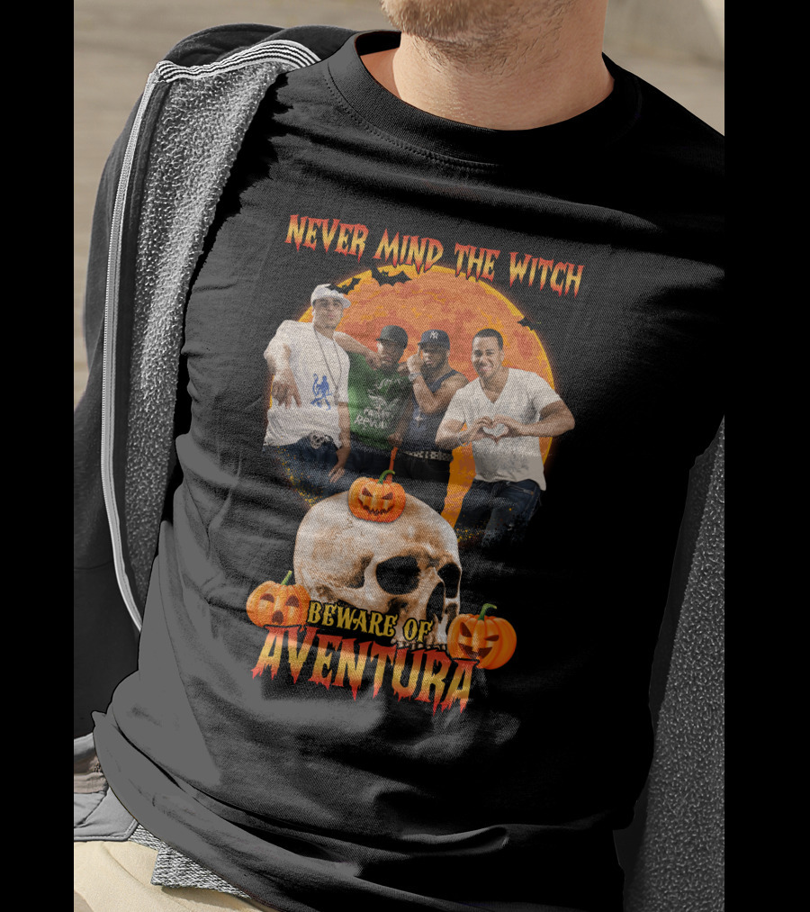Never Mind The Witch Beware Of Aventura Halloween Pumpkin Skull Scene T-Shirt