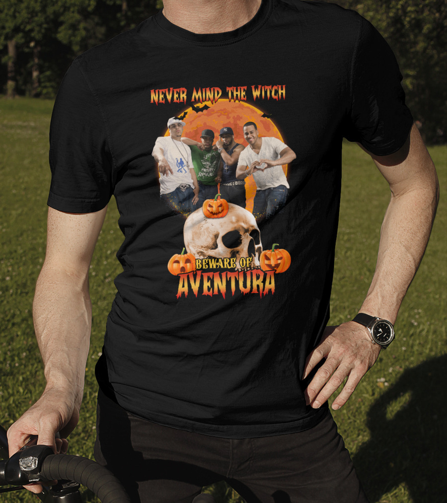 Never Mind The Witch Beware Of Aventura Halloween Pumpkin Skull Scene T-Shirt