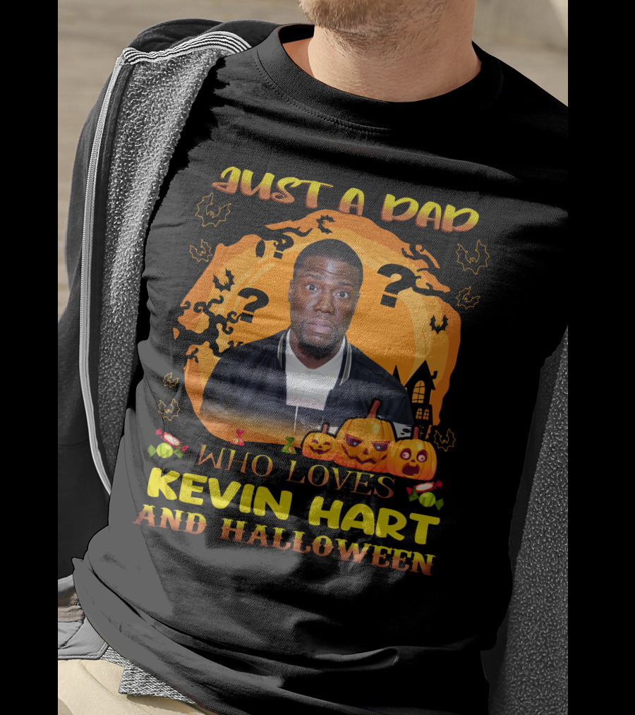 Just A Dad Who Loves Kevin Hart Surrounded By Spooky Halloween Pumpkins And Moon T-Shirt