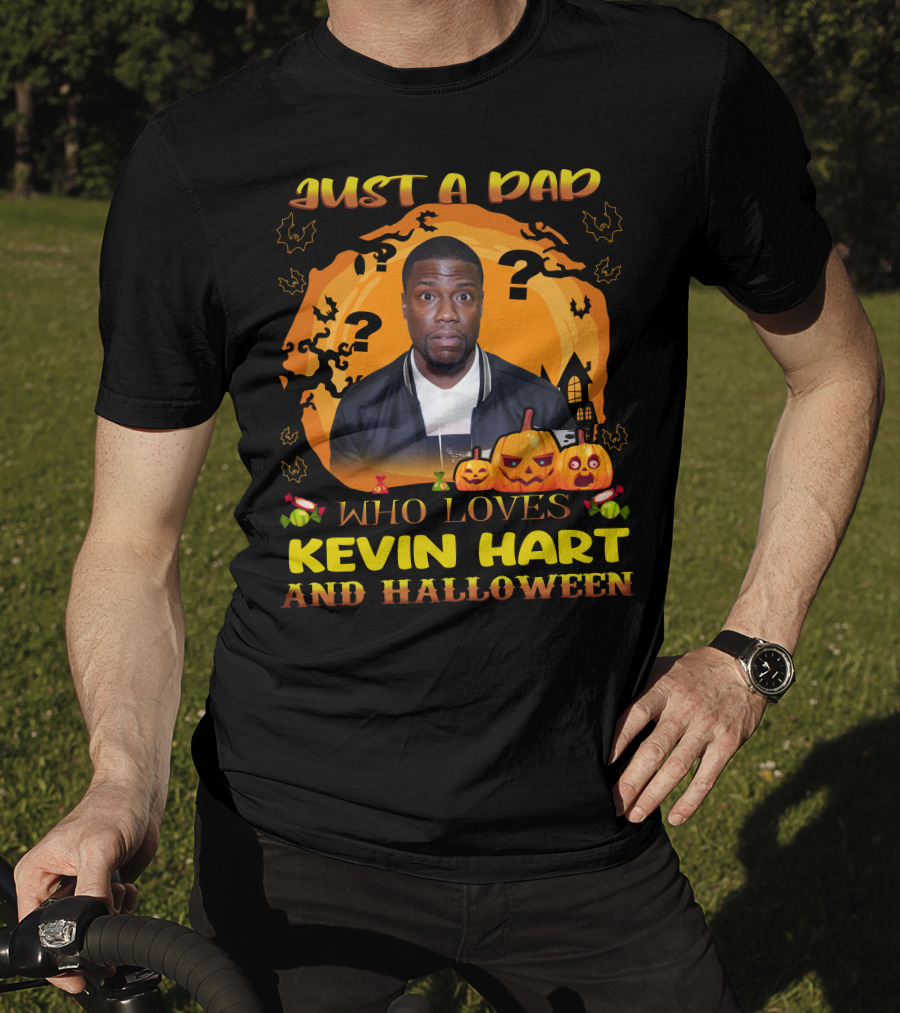 Just A Dad Who Loves Kevin Hart Surrounded By Spooky Halloween Pumpkins And Moon T-Shirt